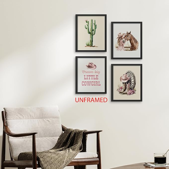 Hxlac Western Cowgirl Wall Art Prints Set of 4 UNFRAMED - Pink Boot Cactus Wall Decor, Cowgirl & Western Room Decor, 8x10 Inches