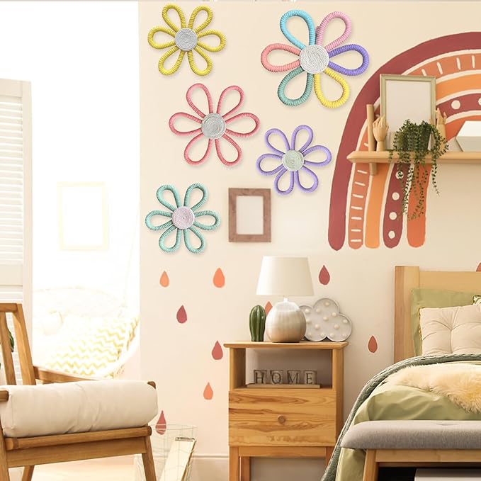 5 Pcs Boho Daisy Flower Wall Decor 3 Size Woven Floral Art Wall Hanging Supply for Boy Girl Multicolors Bohemian Home Bedroom Room Decorations