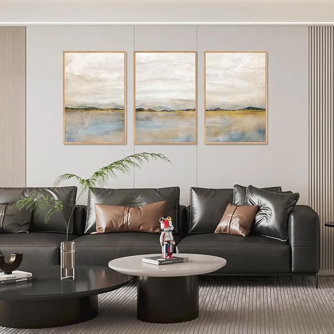 HLNIUC Large Abstract 3 Piece Wall Art 24x36, Neutral Distant Mountain Wall Decor, Watercolor Beige Dusty Nature Landscape Painting, Modern Pastel Scenery Art Prints for Living Room, Bedroom, Office