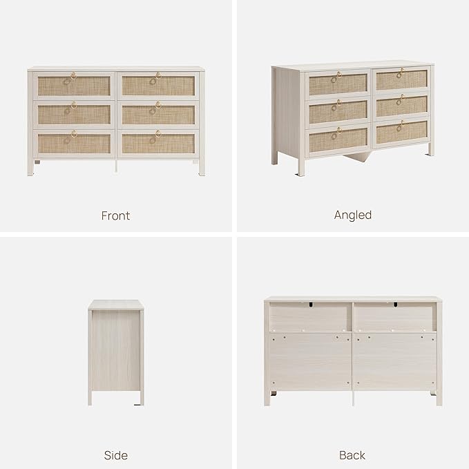 SICOTAS Rattan 6 Drawer Dresser for Bedroom : 2 Pieces 51" Wide Dressers Chest of Drawers Cabinet for Closet with Larger Storage, Boho Dressers TV Stand for Living Room, Hallway (White Cream Oak)