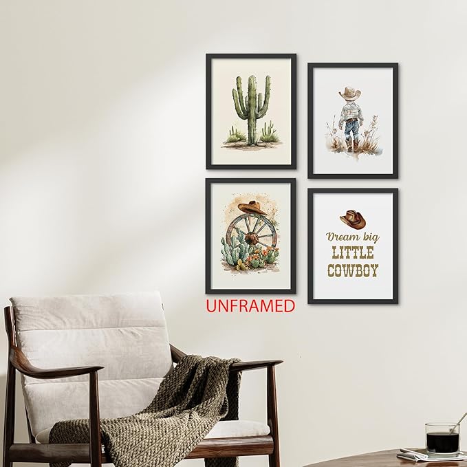 Hxlac Western Cowboy Wall Art Prints Set of 4 Unframed - Desert Cactus Hats Wall Decor for Toddler Kid Boy Room, Dream Big Little Cowboy (12x16Inches)
