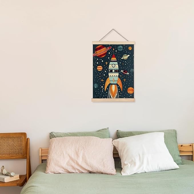 URLLUAE Rocket Ship Space Wall Art Posters for Kids Room, Colorful Outer Space Planet Poster Hanger Frame for Boys Bedroom Classroom Nursery Playroom Wall Decor, 16x24 Inch