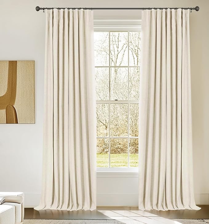 INOVADAY 100% Blackout Curtains for Bedroom, Black Out Curtains 105 Inch Long, Clip Rings Linen Blackout Drapes, Thermal Insulated Room Darkening for Living Room, 2 Panels - Cream,W50xL105