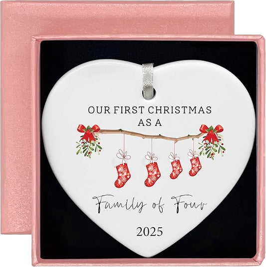 2025 Our First Christmas as a Family of Four-Parents Mom Dad Gift for New Baby Newborn-The Second Kid-Xmas Stocking Theme-Ceramic Hanging Heart Shaped Ornament-Double Sided Printed