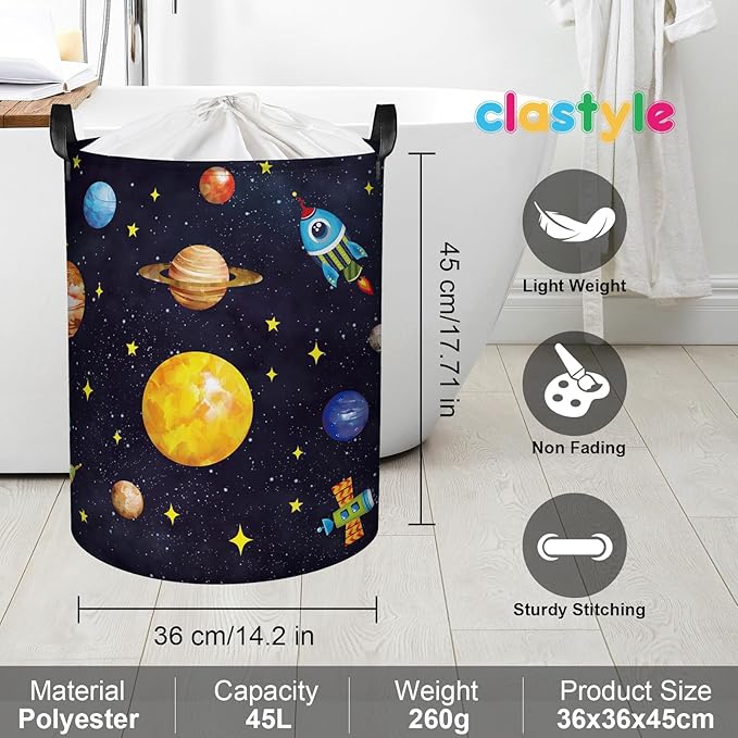 Clastyle 45L Boy Planets Nursery Hamper Outer Space Collapsible Laundry Basket Kid Room Rocket Toy Storage Basket