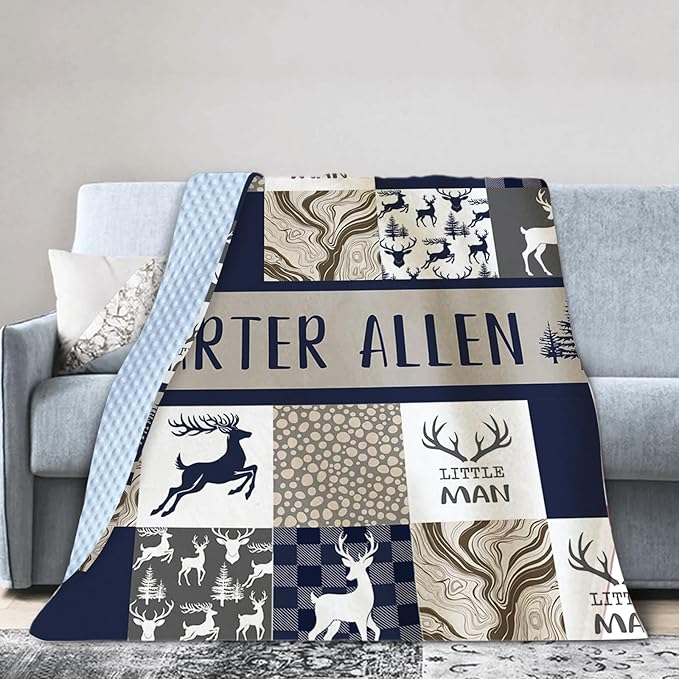Personalized Baby Blankets for Boys Girls, Custom Name Navy Deer Baby Blanket, Soft Receiving Blanket for Newborns and Toddlers, Ideal for Baby Showers and Nursery Decor