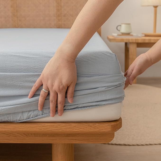 BESTOUCH Sheet Set 100% Washed Cotton Linen Feel Super Soft Comfortable Chic Lightweight 4 Pcs Home Bedding Set Solid Cornflower Blue Queen