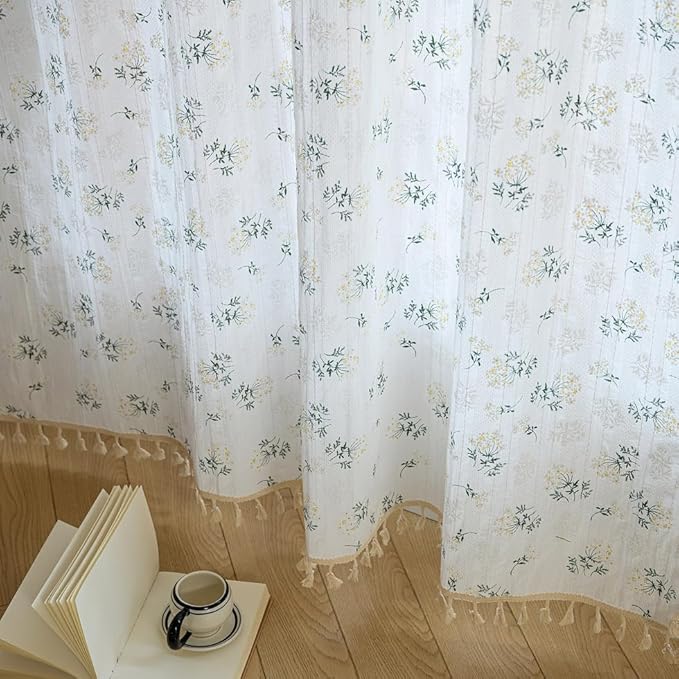 OYX Boho Curtains 84 Inch Length 2 Panels for Living Room, Bedroom Light Filtering Drapes, Farmhouse Vintage Country French Rustic Tassels Pattern Rod Pocket Aesthetic Decor Window Treatments