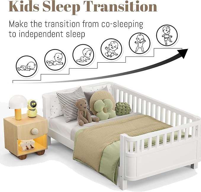 Twin Size Montessori Bed with Guardrails, Wood Kids Bed Frame with Slats Support, Low to Ground Modern Baby Bed with Removable Side Rails for Boys Girls Bedroom Living Room, White