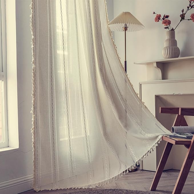 Deeprove Ivory Boho Curtain 96 Inches Long for Bedroom Living Room Decor, Bohemian Hollow Chic Style Tassels, Vintage Farmhouse Country French Window Treatment Drape, Rod Pocket, 1 Panel W52x L96
