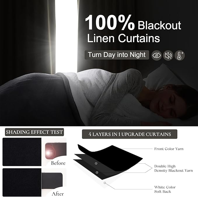 Extra Long 120 Inch Black Curtains for Living Room, Luxury Linen Blackout Ceiling Track Curtain Rod Pocket for Sliding Glass Doors Thermal Noise Cancelling Window Pleated Drapes 2 Panels Set
