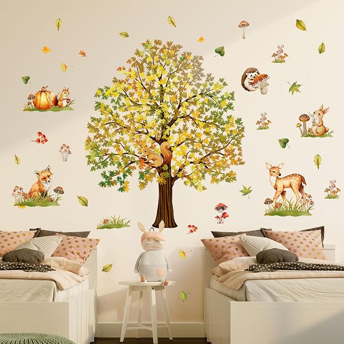 Woodland Forest Wall Decals Large Oak Tree with Animals Removable Peel and Stick Wall Art for Nursery Kids Room Fall Decor Living Room Classroom
