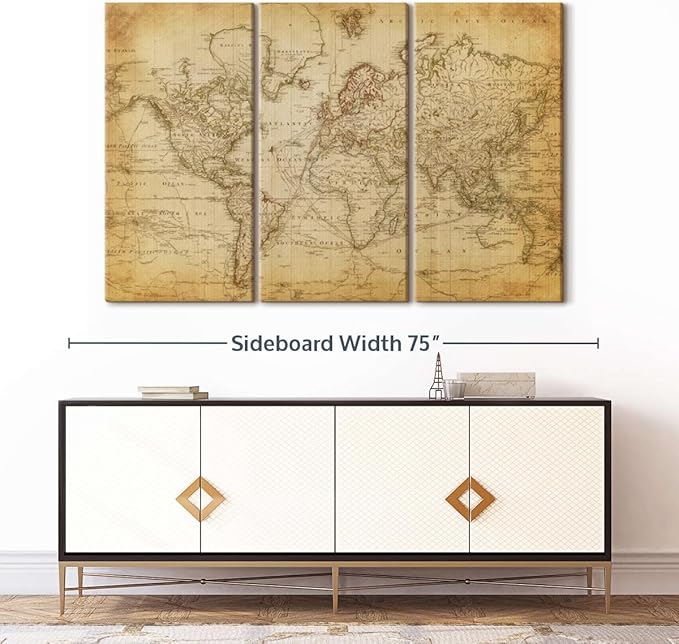 ElephantStock Old Century World Map Wall Art Multi Piece Canvas - 3 Piece Canvas World Map Wall Decor - Decor Ready-to-Hang Print - Vintage Wall Art - 65" X 42"