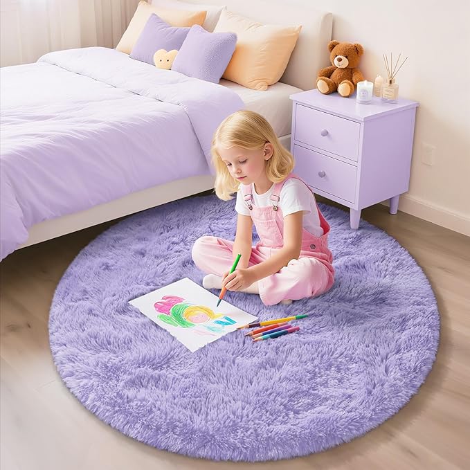 EVOIONOS Lavender Purple Round Rug for Bedroom, 4x4 Ft Fluffy Soft Circle Area Rugs Living Room, Plush Shaggy Circular Carpet Indoor Floor Bedside Kids Nursery, Machine-Washable Home Decor Aesthetic