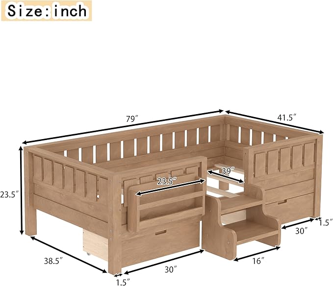 Bellemave Twin Bed with Slats and Stairs, Twin Size Platform Bed Frame with Fence, Bookshelf and Storage Drawers, Easy Assemble Beds for Kids, Girls, Boys, Natural