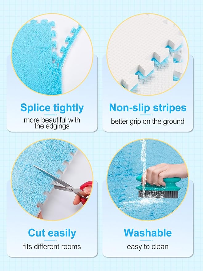 12 pcs Thickened Plush Foam Interlocking Floor Mats, Foam Mats for Floor Baby with Edgings, Soft Anti-Slip Square Foam Tiles, Puzzle Area Rug Playmat for Room Flat (11.8", Blue)