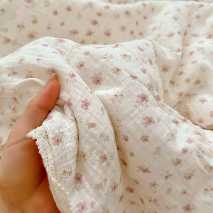 BuLuTu Pink Flower Print Toddler Quilted Blanket Chic Shabby Floral Kids Quilts with Lace Edges, Lightweight Thin Quilt Kids Comforter 100% Gauze Cotton, 60x78 Inches