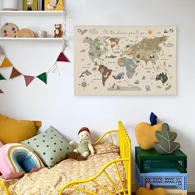 Wheatwin Playroom Decor, World Map Banner for Kids, World Maps for Wall, World Map Cute Animal Tapestry Wall Hanging Banner Flag Decor for Kids Room Classroom Nursery Homeschool 20x30 (Updated)