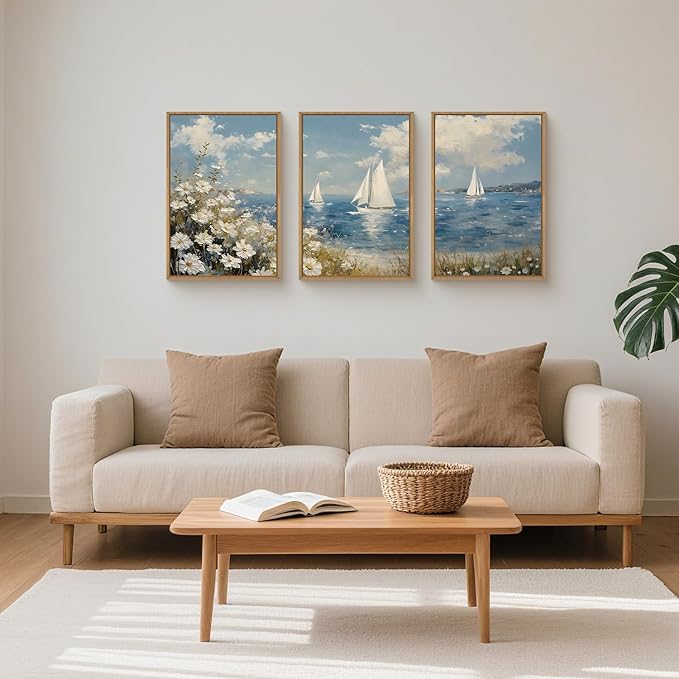 FWIEXA Coastal Wildflower Canvas Wall Art Framed, Ocean Sailboats Pictures Wall Decor, Beach Flower Seascape Painting, 3 Pieces 16x24In Nautical Blue Sky Artwork for Living Room, Bedroom, Bathroom, Rustic Farmhouse