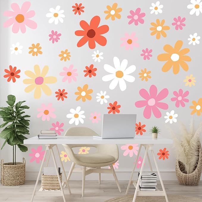 TaoBary 12 Sheets Daisy Wall Decal Flower Wall Sticker Cute Daisy Sticker Pink White Flower Decal Peel and Stick Floral Wallpaper for Nursery Bedroom Home Decor(Orange,Lovely Style)