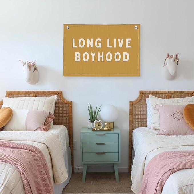 Long Live Boyhood Banner, Boy Nursery Decor, Canvas Banner Wall Hanging Banner Flag Decor for Nursery Playroom Toddler Room, Boys Kids Room Decor (Yellow)