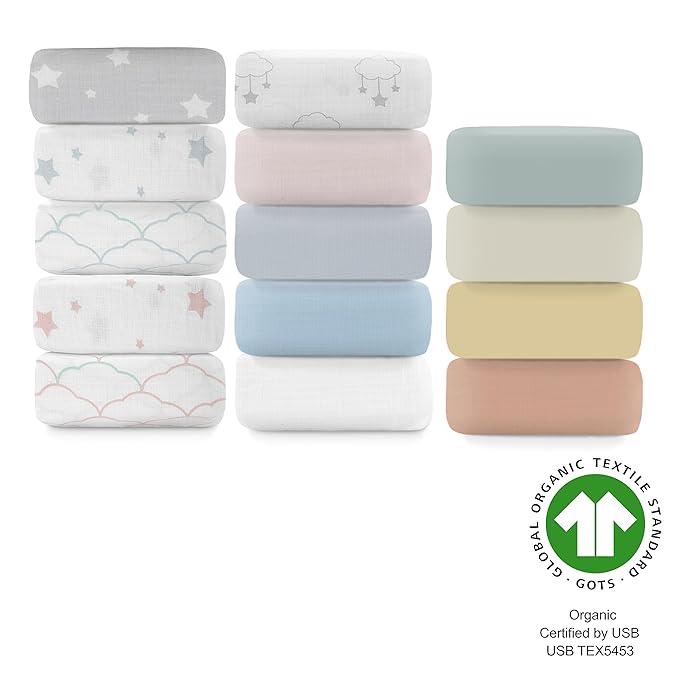 Newton Baby Organic Fitted Crib Sheets (2-Pack) - 100% Breathable and Ultra-Soft, 100% Organic Muslin Cotton, Stardust Print in Blush Coral + Solid White, Fits All Standard Cribs
