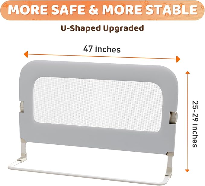 omzer Bed Guard Rail for Toddlers - 47inch Foldable & Adjustable Height Baby Bed Safety Side Rails - Large Toddler Crib Railing Guard for Twin, Bunk, Full Size, Queen & King, Full Size Bed Grey