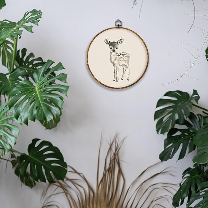 Hiuwevt Vintage Deer Round Wall Art Decor, Cottagecore Deer Framed Canvas Prints, Retro Rustic Wild Animal Farmhouse Round Wall Hanging Decor for Home Nursery Kids Bedroom Decorations, 10x10 Inches