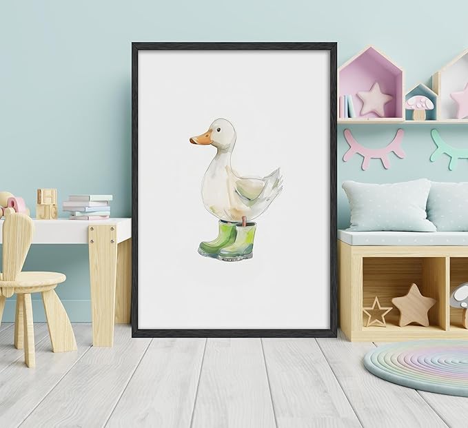 3Pcs Baby Animal Nursery Wall Art Funny Green Rain Gear Duck Painting Picture Wall Decor This Set of 3 Happy Ducks Wearing Green Boots Poster Print Artwork for Kids Boys Room Bedroom Decorate,Unframed