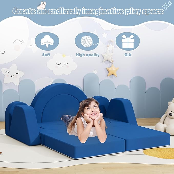 12 PCS Modular Kids Play Block Couch Child Sectional Sofa Toddler Building Fortplay Bedroom Playroom Baby Convertible Floor Foam Cushion for Boys & Girls (Blue-Double)