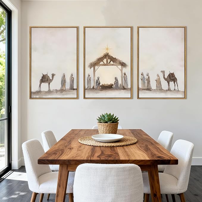 Anyzal Large Nativity Wall Art Christian Jesus Artwork Framed Christian Religious Painting for Living Room Bedroom Dining Room 24x36 Inch Set of 3
