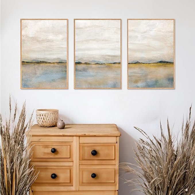 HLNIUC Large Abstract 3 Piece Wall Art 24x36, Neutral Distant Mountain Wall Decor, Watercolor Beige Dusty Nature Landscape Painting, Modern Pastel Scenery Art Prints for Living Room, Bedroom, Office
