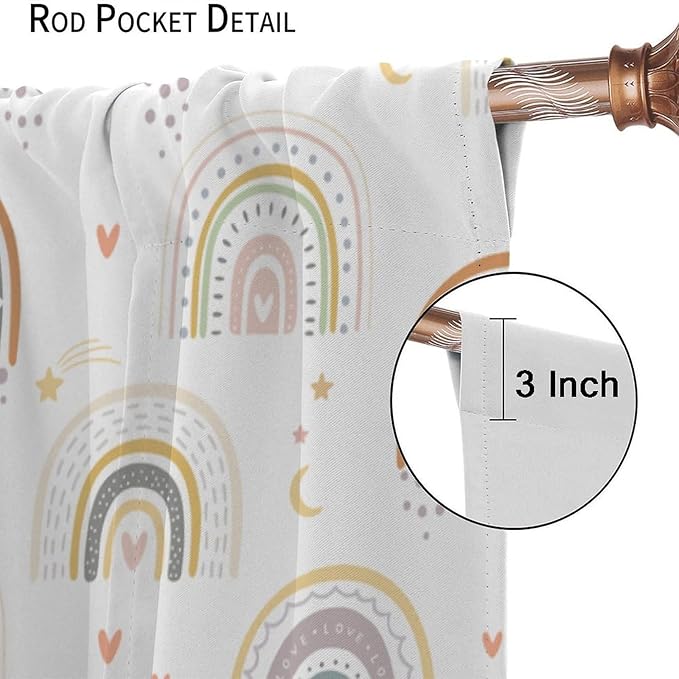 Kids Rainbow Curtains Boho Cartoon Colorful Stars Love Heart Lovely Abstract Art Pattern Print Window Drapes for Girl Bedroom Living Room Kitchen Decor,2 Panel Set,42Wx45H Inch Blackout