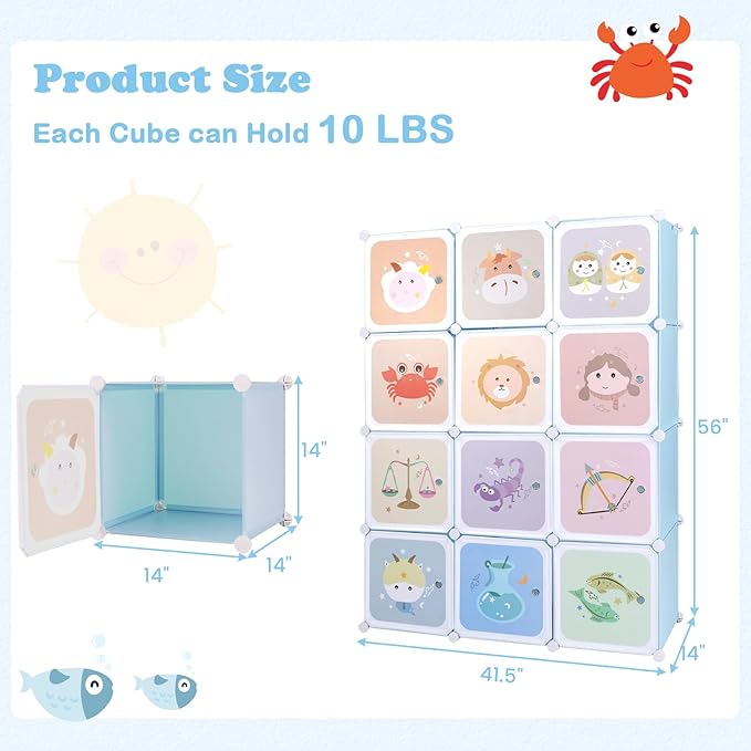 INFANS Children Wardrobe, Kid Closet Portable Baby Dresser Cute for Kids Bedroom Nursery Armoire with Doors 12 Cube 2 Hanging Sections, Kid Clothes Storage Organizer