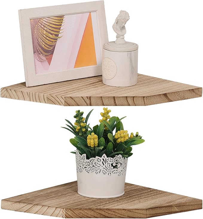 Corner Wall Shelves Set of 2, Rustic Wood Corner Floating Shelves with Cable raceway, Wall Mount Storage Display for TV Accessories, Baby Monitor, Speaker, Cable Box (Carbonized, Diamond- 10 Inch)