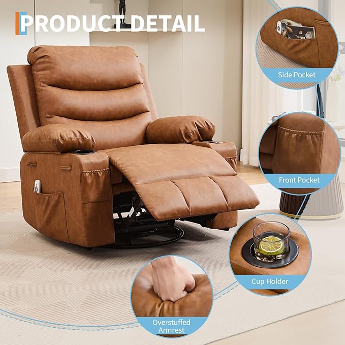 Leather Recliner Chair Nursery, Oversized Manual Reclining Rocking Chair, 360 Swivel Glider with Cup Holder, Massage and Heat Recliner, Small Sofa Chairs for Adults, Living Room, RV, Bedroom, Brown