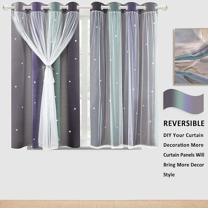Kinryb Nursery/Kids/Girls Room Star Cut Out Blackout Rainbow Curtain with Sheer Overlay 2 Panels, Each 52 inch Wide,45 inch Length with White Gauze,Ombre Stripe Rainbow Curtains (2 Panels,52x45 Inch)
