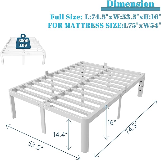 Full Size Bed Frame 16 Inch White, Metal Full Bed Frame with Baffles, No Box Spring Needed, Heavy Duty Steel Platform Supprt, Rounded Corner Design, Reserved Holes, Noiseless, Storage Space