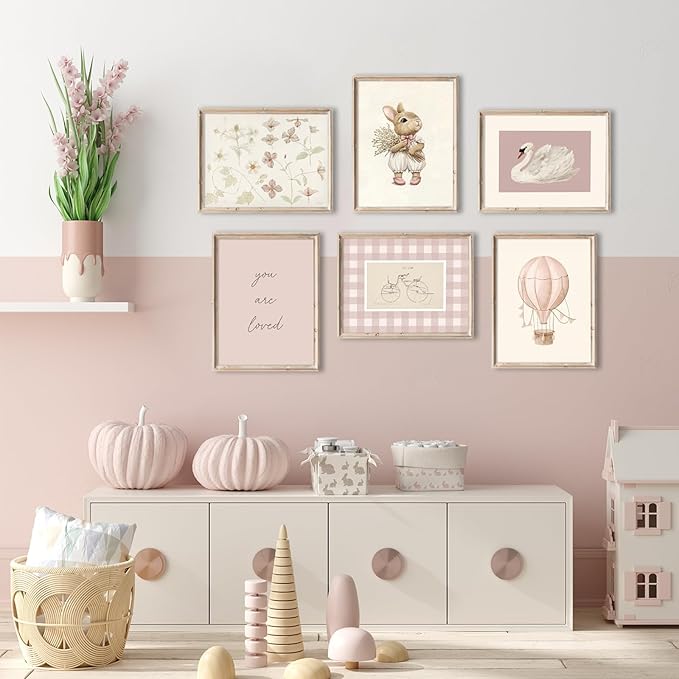 Pink Nursery Wall Art Baby Girl Canvas Wall Decor Vintage Poster Bunny Flower Wall Art Antique Preppy Pictures Animal Floral Prints Kids Swans Painting for Girls Room Bedroom 8x10x6 Inch Unframed