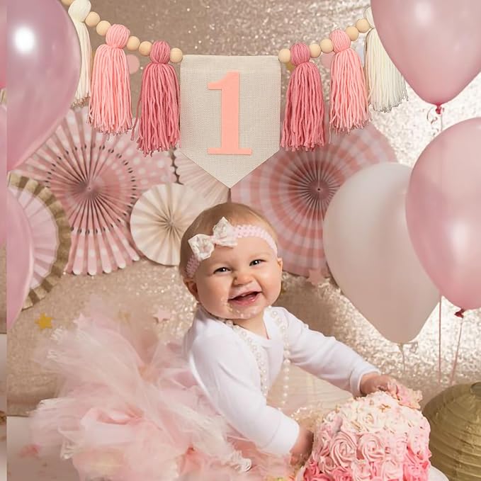 Boho Pink Handmade 1st Birthday High Chair Banner First Highchair Banner For Baby Girls Wild One Wall Hangings Wood Bead Tassel Garland 1 Birthday Party Decorations Photoshoot Props Photo Props