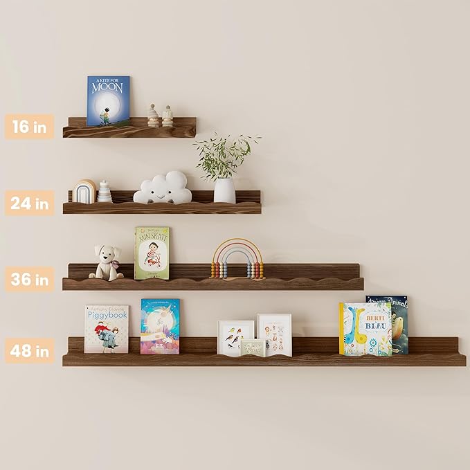 Fun Memories Picture Ledge Shelf for Wall, 16 inch Pine Wood Nursery Book Shelves Set of 4- Wall Book Shelves for Kids Room, Home Decor - Kitchen Spice-Carbonized