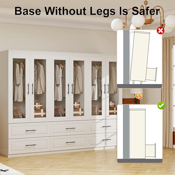 Armoire Wardrobe Closet with 6 Door: White Wood Wardrobe Closet Wooden Transparent Door 6 Drawer Cabinet Bedroom Armoire with Hanging Rods for Home/Bedroom/Living Room