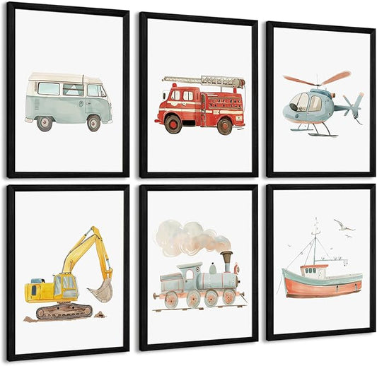 Car Wall Art Boys Room Canvas Wall Decor Nursery Prints Transportation Vehicle Wall Art Kids Toddler Posters Construction Truck Picture Boy Nursery Artwork for Bedroom Playroom 8x10x6 Inch Wood Framed