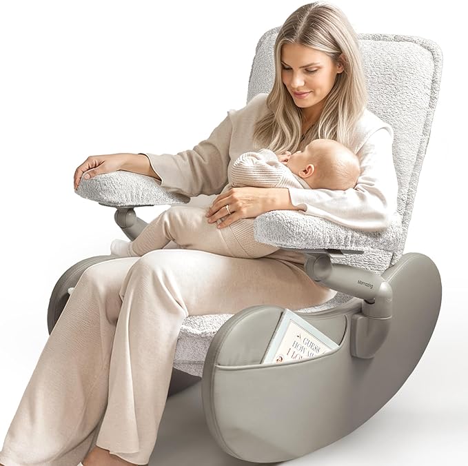 MAMAZING Nursery Rocking Chair Glider with Adjustable Armrests for Breastfeeding, Upholstered Nursing Chair with Removable Cover for Mom and Baby(Light Grey/Light Grey)