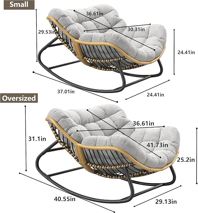 Oversized Papasan Rocking Chair with Thick Cushion, Rattan Wicker Egg Chair for Indoor/Outdoor Patio, Bedroom, Living Room, Porch, or Backyard – Grey