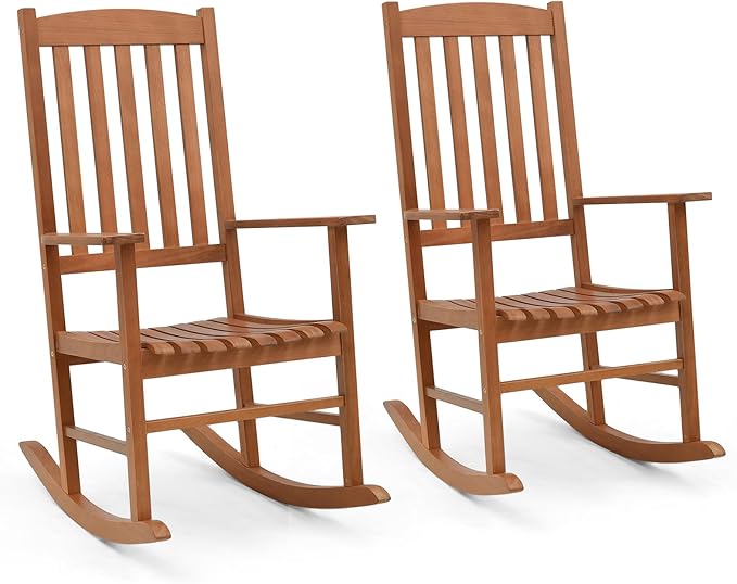 Giantex Wood Outdoor Rocking Chair - Eucalyptus Rocker Chair with Stable & Safe Rocking Base, High Backrest, Slatted Patio Rocker for Garden, Poolside, Courtyard Outdoor Rockers, Porch Rocker Set of 2
