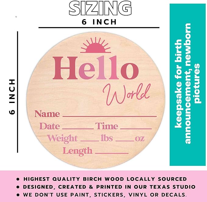 Hello World Newborn Sign - Baby Name Birth Stats Announcement Plaque for Hospital - Photo Prop - Pink Nursery Decor - Shower Gift