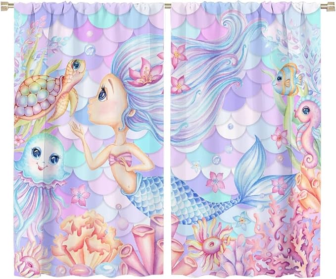 Fantasy Mermaid Curtain Dream Cartoon Marine Organisms Turtle Coral Ocean Theme Dream Blackout Window Treatment for Kids Girls Bedroom Nursery Room Decor Rod Pocket Window Drapes 72x63in