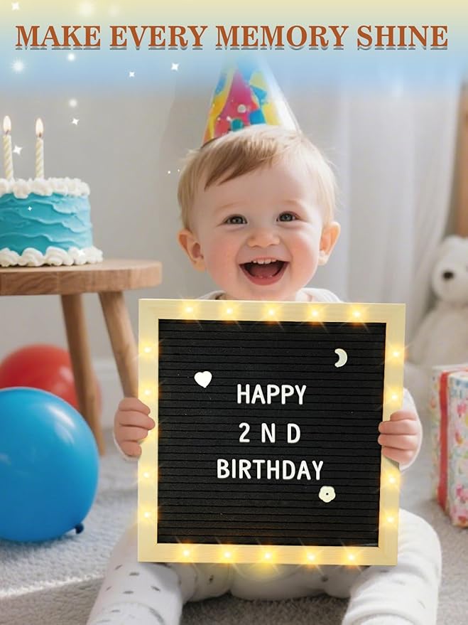 Changeable Felt Letter Board with LED Lights - 10×10" Message Custom Signs & Wood Stand & 450 Letters, Poster Board for Christmas/Pregnancy/Baby Announcement/Classroom Wall Decor Gifts, Black