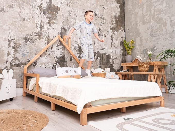 BUSY WOOD Montessori Bed for Toddlers - Twin Bed for Toddlers - Full Bed Floor - Bed with Rails - Montessori Bed - House Bed Frame - Montessori Full Size Bed Frame - Toddler Bed Queen (Model 3)